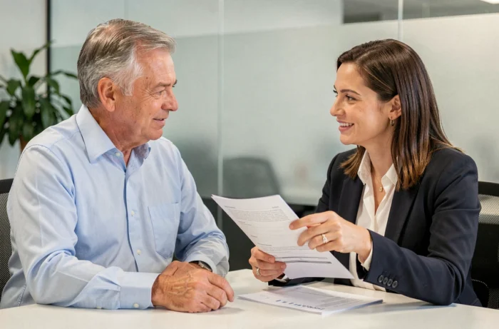 Senior en rendez-vous avec un conseiller pour choisir sa mutuelle santé