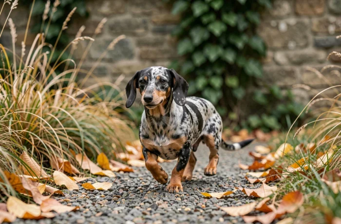 Teckel arlequin miniature en promenade sur un chemin de jardin en automne, montrant son allure vive et son pelage moucheté caractéristique