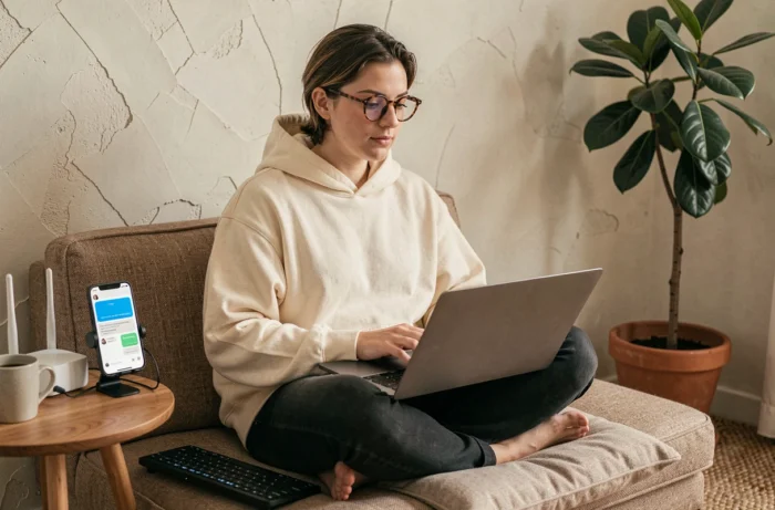 Personne en télétravail depuis un canapé avec laptop et clavier Bluetooth dans un appartement cosy, configuration flexible de travail à distance