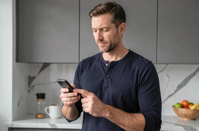 Homme tenant un appareil Prolencia Smart FR dans une cuisine moderne, test et retour d'expérience quotidienne