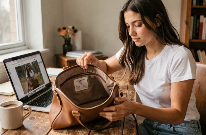 Jeune femme vérifiant l'étiquette intérieure et la doublure d'un sac Tommy Hilfiger pour authentifier son origine