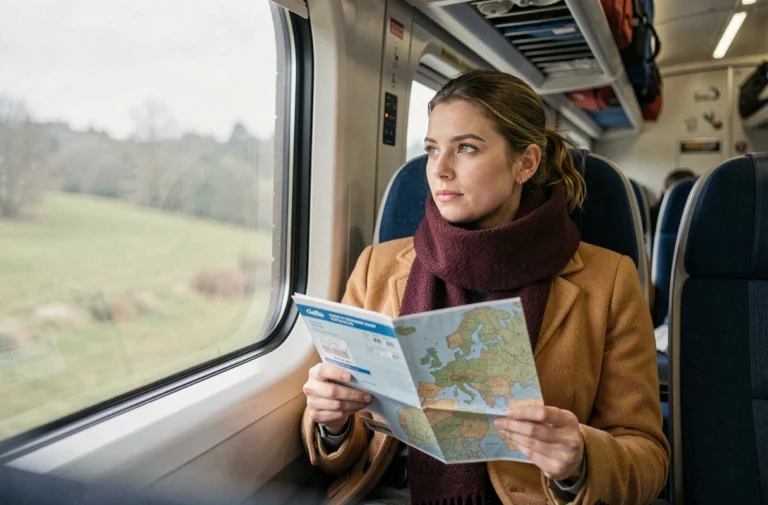 Femme assise dans un train TGV tenant un billet de train et une carte de l'Europe pour un voyage vers Venise